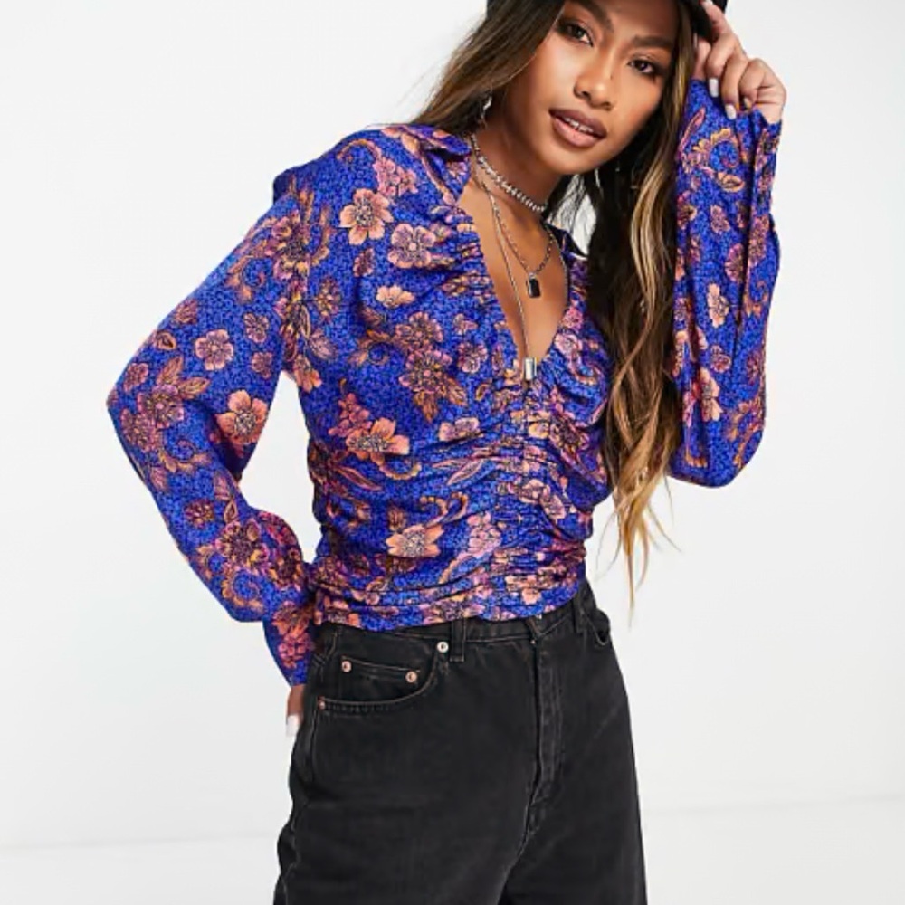 Free People Floral Blue Women's Top